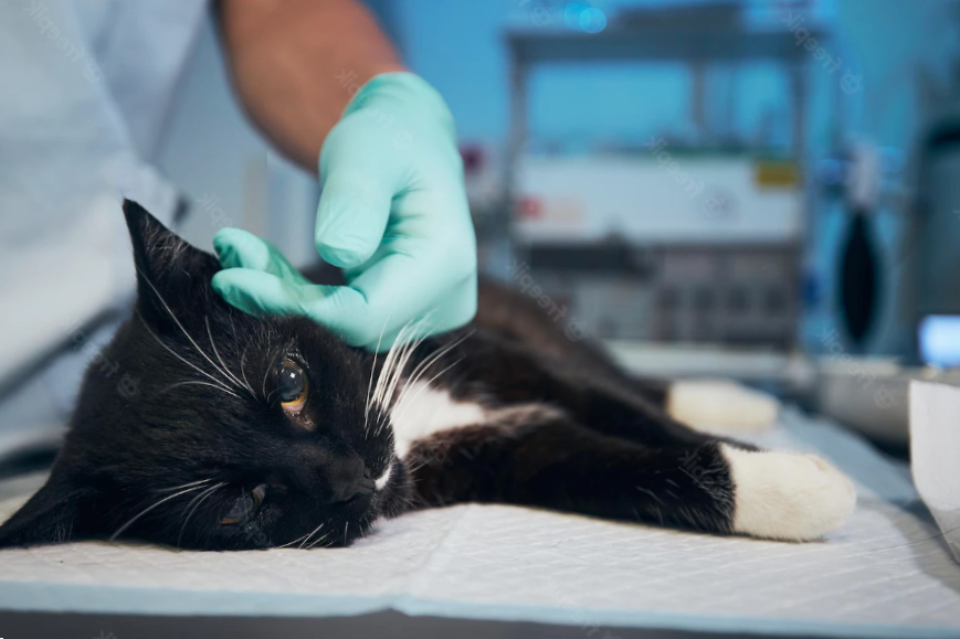 sick black cat laying on stretcher being caressed by vets hand