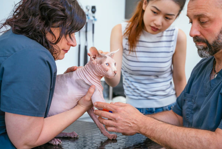 Chinese woman concerned of her injured sphynx cat with a broken paw that's being checked by a vet