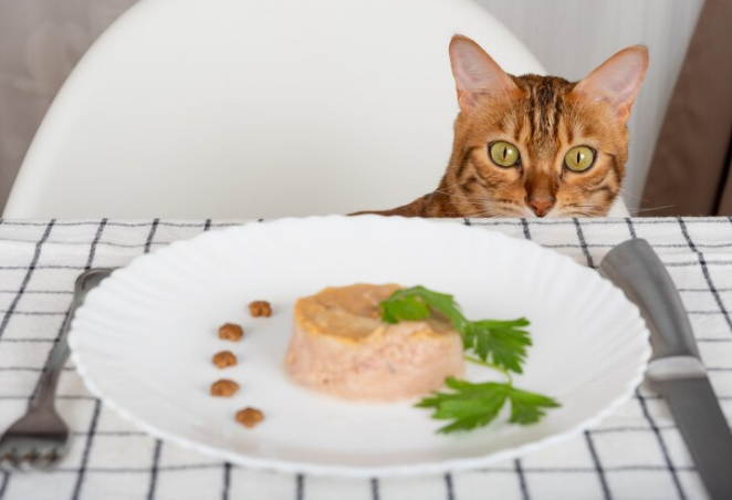 cat watching a dish with pâté