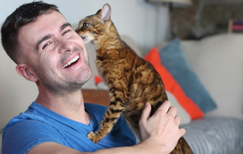 bengal-cat-licking-mans-ear